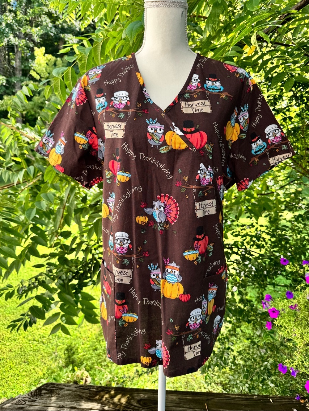 NWT ScrubStar Thanksgiving Owl Scrub Top Large Harvest Time Cotton Nurse - Picture 3 of 12